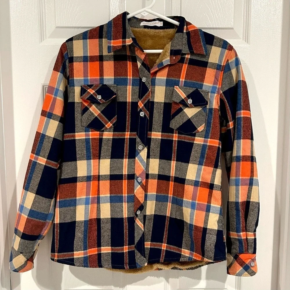 Boys Plaid Flannel Fleece Jacket Sz XXL Button Up Warm Collar Blue Tan Orange